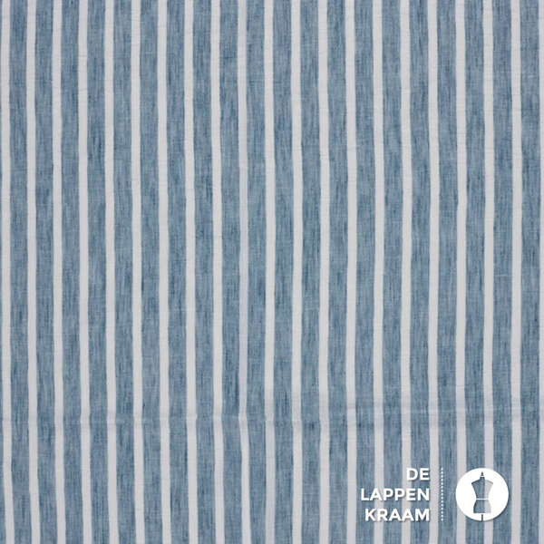 Polyester stof in linnenlook blauw gestreept