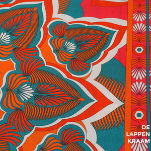 SALE Satijn met grote vlakkenprint oranje, roze en groen