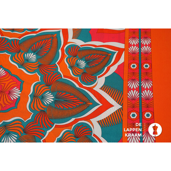 SALE Satijn stof met grote vlakkenprint oranje, roze en groen