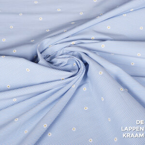  Overhemdstof met stretch blauw-wit gestreept en madeliefjes