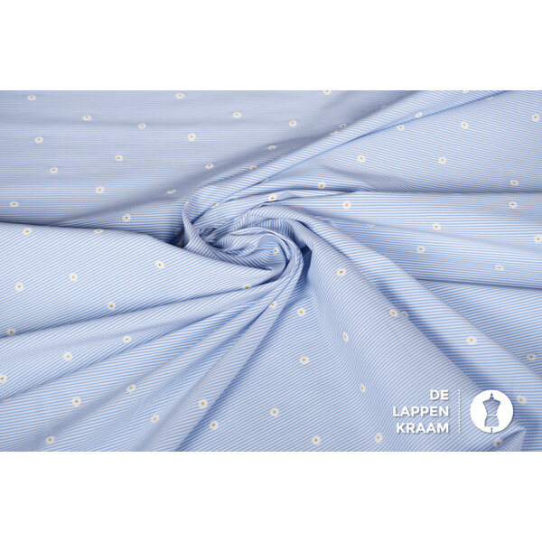 Overhemdstof met stretch blauw-wit gestreept en madeliefjes