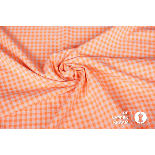 Katoenmix stof ruitje fluor oranje