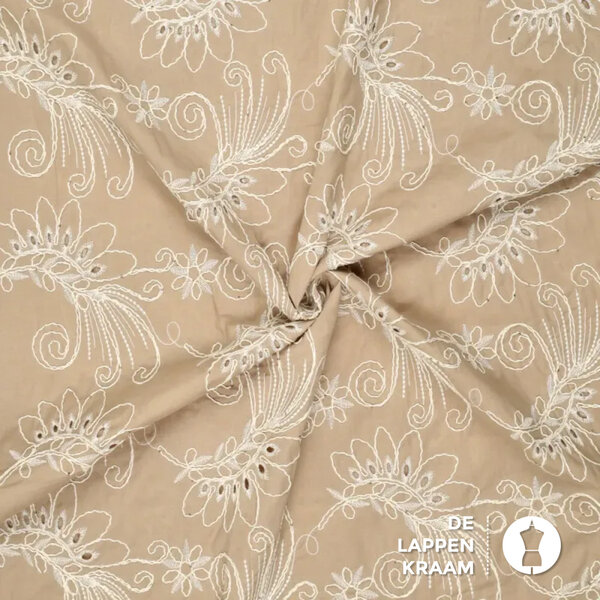 Katoenen broderie stof in beige met opgestikte draad en pailletjes