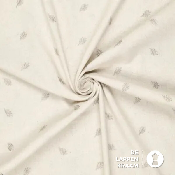 Geborduurde Linnenmix  stof naturel met blaadjes