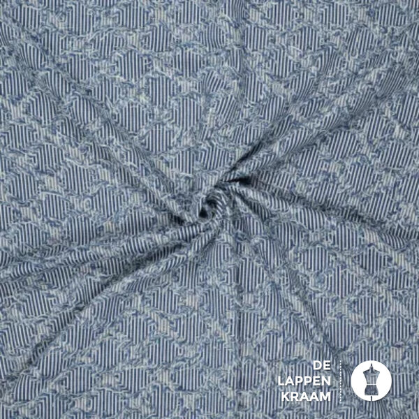 Gestreepte jeans stof  met rafels in ruitvorm