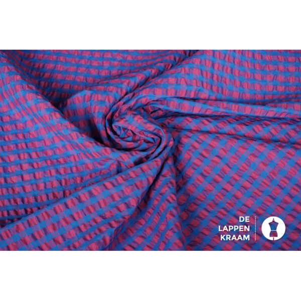 Coupon 84 Seersucker ruitje in blauw met roze 180 x 150 cm