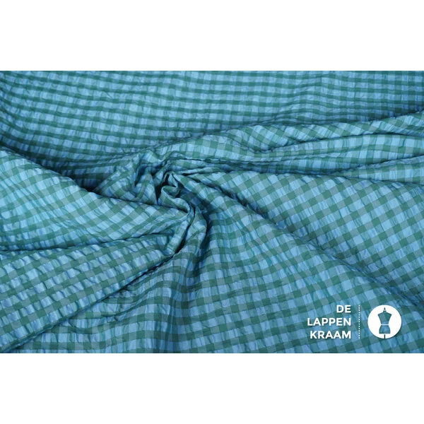 Coupon 205 Seersucker ruitje in blauw met groen 180 x 150 cm