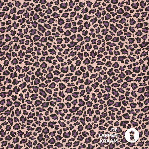 Popeline stof lichtroze met paarse panterprint