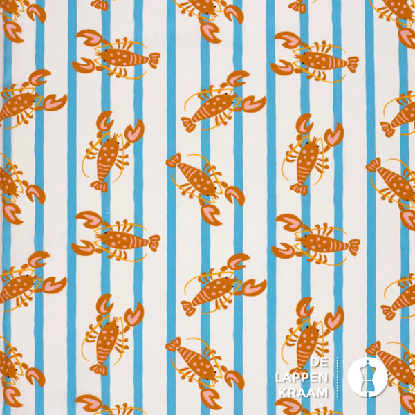 Popeline stof ecru met blauw gestreept met kreeftjes