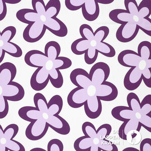 Tricot gebroken wit met grote paarse bloemen