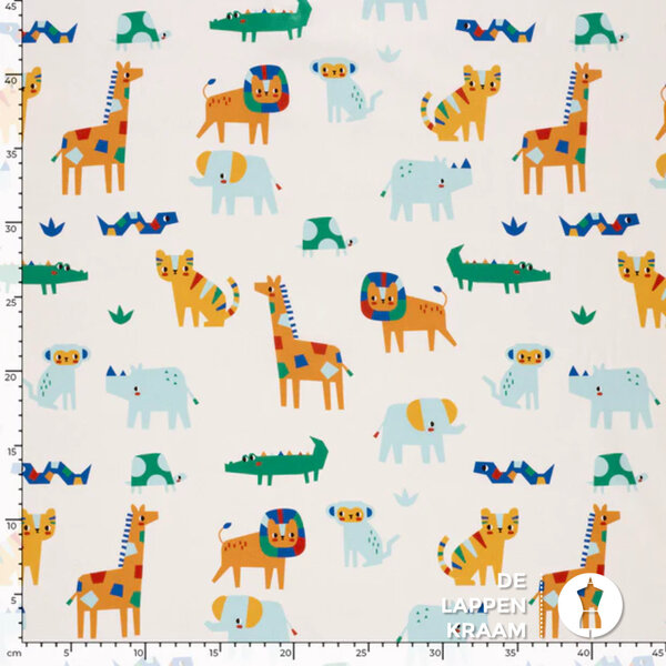 Popeline stof gebroken wit met kleurrijke dieren