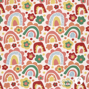  Popeline gebroken wit met bloemen en regenbogen