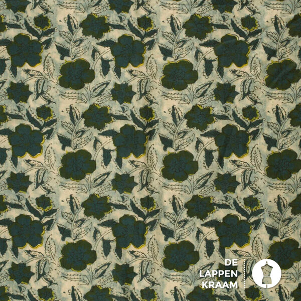 Egypisch katoen stof met blauwe en groene blaadjes