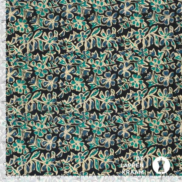 Egyptisch katoen stof donkerblauw met petrol bloemen