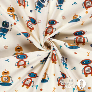  Popeline gebroken wit met robots