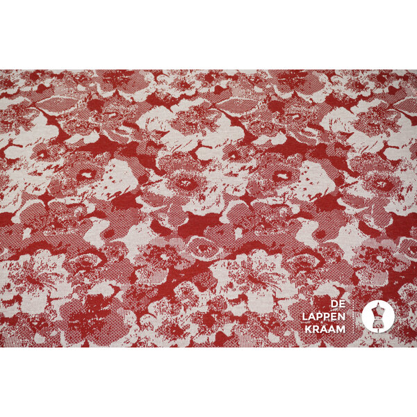 Gebreid stof rood wit gebloemd