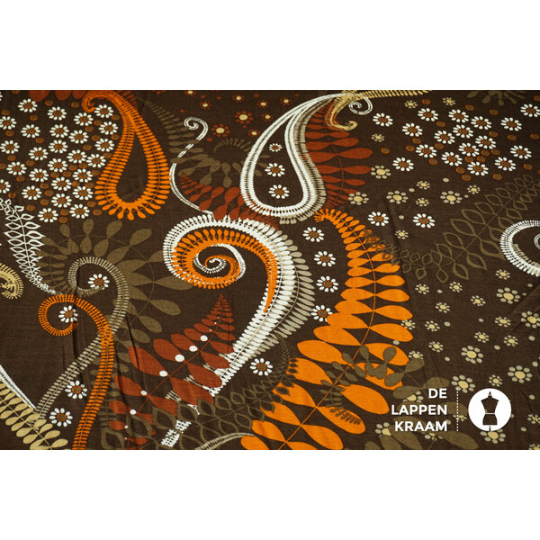 SALE Tricot stof bruin met paisley en bloemetjes