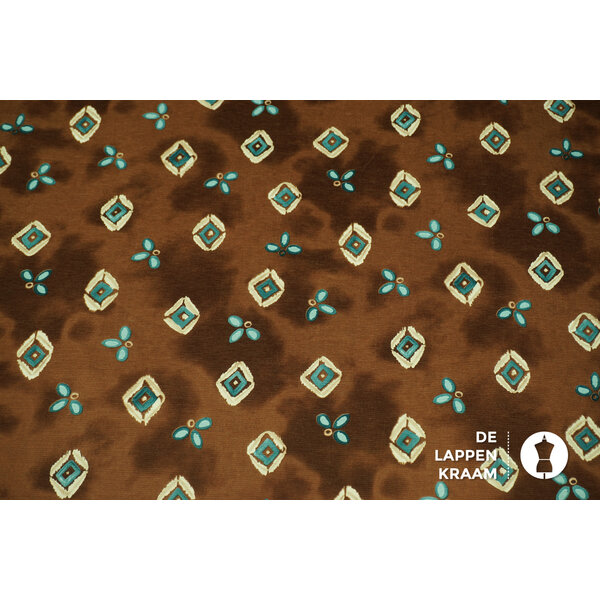 SALE Tricot stof bruin gevlekt met ruitjes en bloemetjes