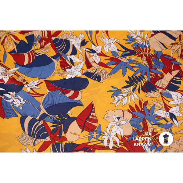 Polyester stof geel met bloemenprint