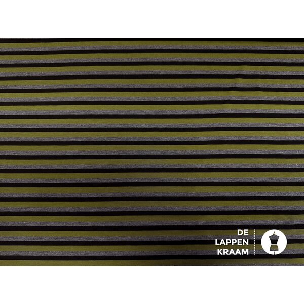 Tricot stof gestreept in grijs, groen en zwart