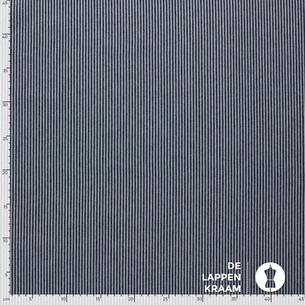 Denim stof donkerblauw met witte streepjes