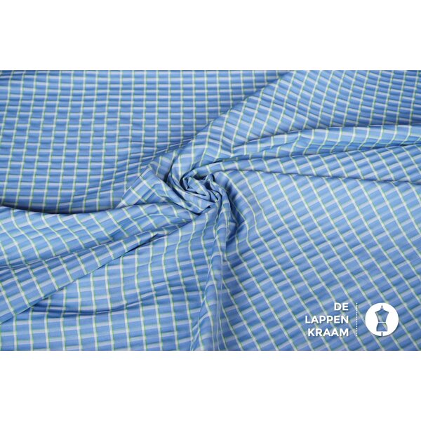 Coupon 205 Seersucker ruitje in blauw met groen 180 x 150 cm