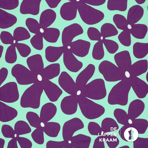 Tricot mint met paarse bloemen