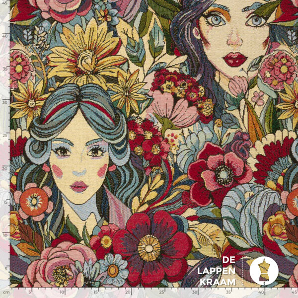 Gobelin stof met gezichten en bloemen