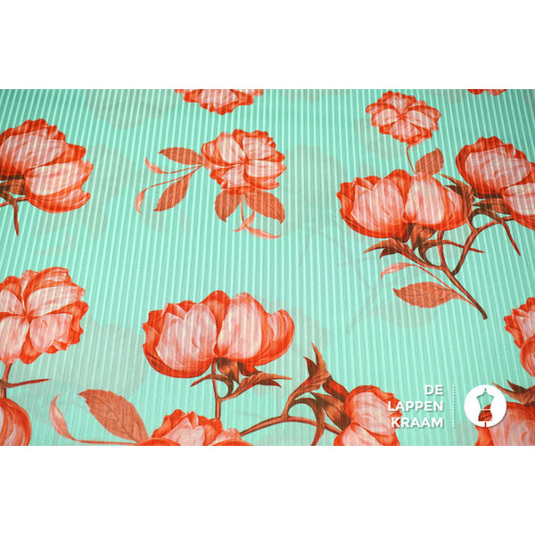 A la Ville Polyester in mint met ingeweven streep en roze bloemdessin