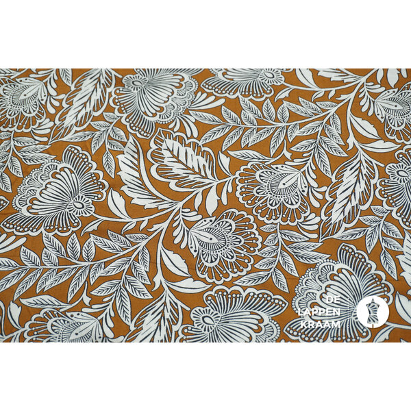 Viscose stof lichtbruin met witte bloem