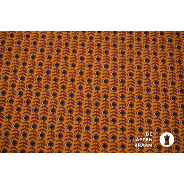 Polyester stretch stof caramel met bloemetjes