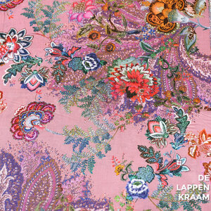  Viscose oudroze met bloemenprint en randdessin
