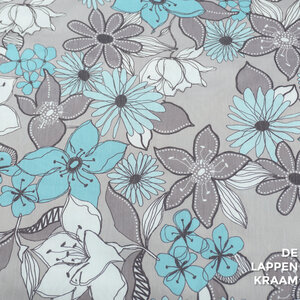  Katoen grijs met blauwe bloemen