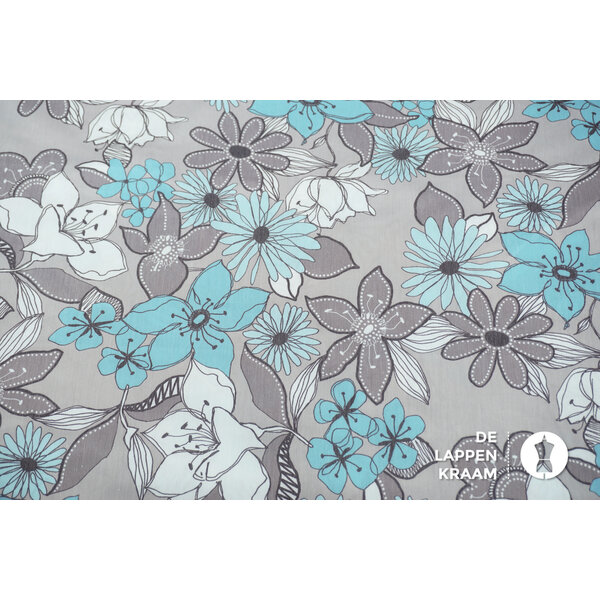 SALE Katoen stof grijs met blauwe bloemen