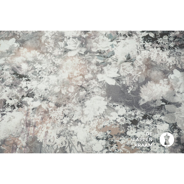 Stretchkatoen stof met grijze bloemenprint