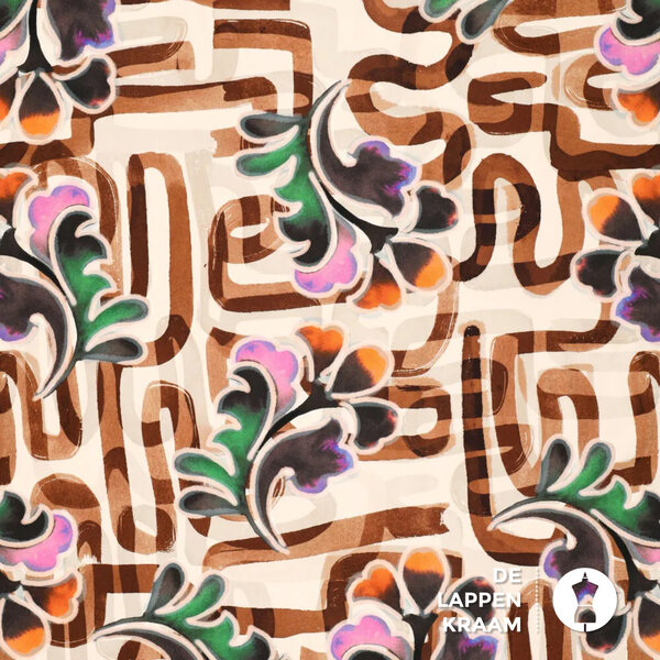 Viscose stretch stof beige met doolhof en bloemen