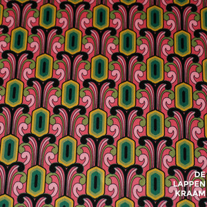  Coupon 54 Stretch satijn roze met groene retroprint 180 x 150 cm