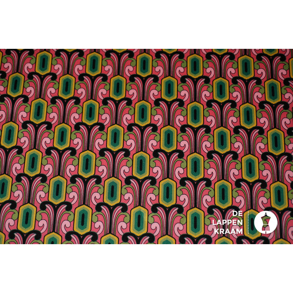 Stretch satijn stof roze met groene retroprint