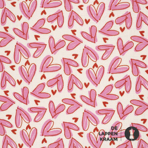  Mousseline stof in wit met print van roze harten