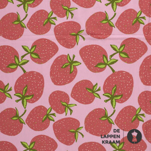  Tricot stof in roze met print van aardbeien