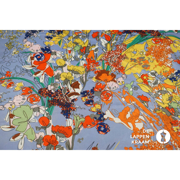 Polyester stof lila met bloemenprint