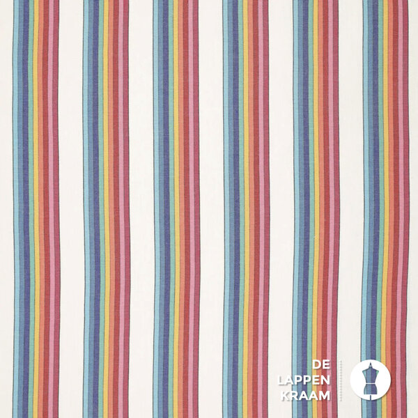 Folklore stof met vrolijke streepjes in hoofdkleur wit