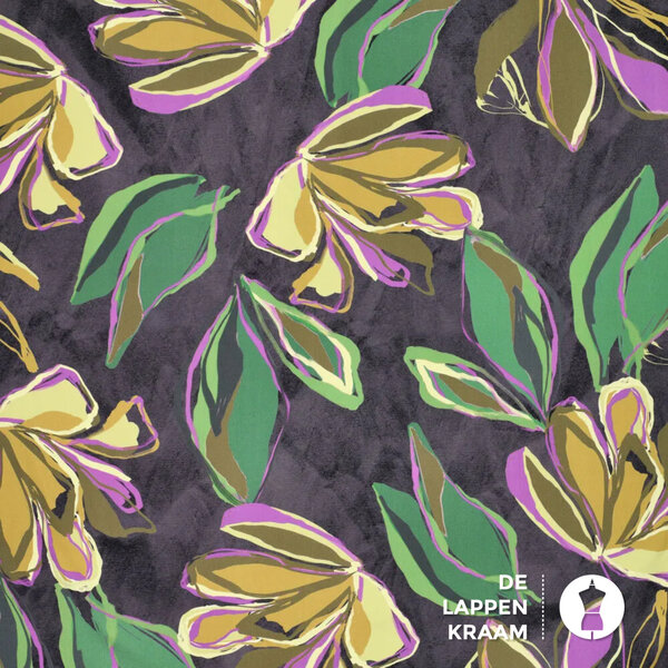 Viscose stretch stof grijs met geschilderde bloemen