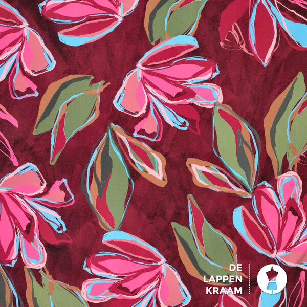 Viscose stretch stof bordeaux met geschilderde bloemen