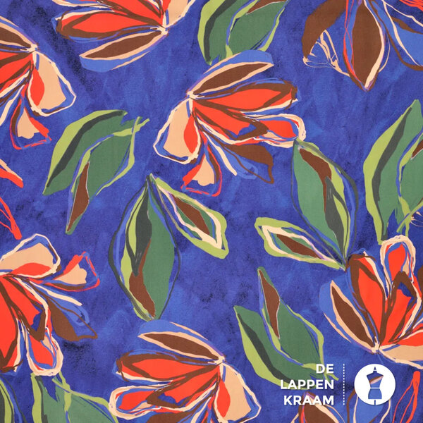 Viscose stretch stof kobalt met geschilderde bloemen