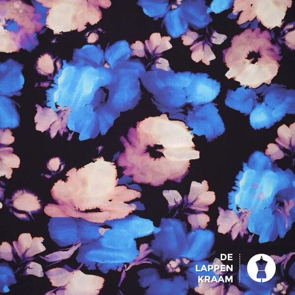 Viscose stretch donkerblauw met aquarel bloemen