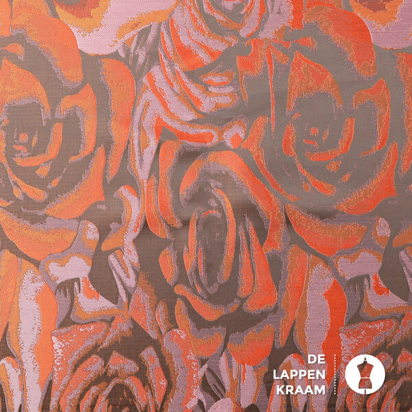 Jacquard stof met bloemdessin in tinten oranje en bruin