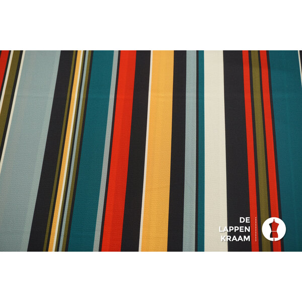 Polyester stretch crepe stof blauw en geel gestreept