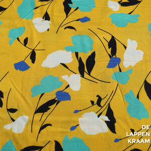  Viscose geel met bloemen in turkoois