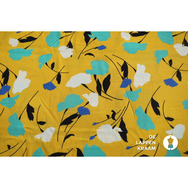 Viscose stof geel met bloemen in turkoois